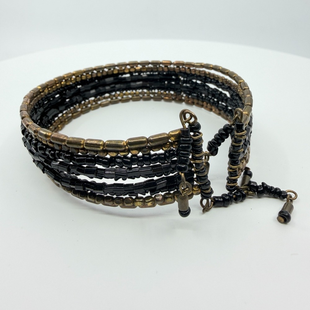 Vintage Y2K Gothic Black Seed Bead Multi Strand Cuff Bracelet